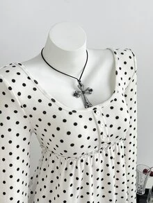 Elamini Women's Sweet Sexy French Cute Polka Dot Square Neck Ruffle Hem T-Shirt Brunch White And Black Polka Dot Autumn - White - View 8