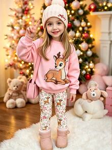 Setelan Musim Gugur 2 Potong untuk Anak Perempuan: Kaos Lengan Panjang Leher Bulat Motif Rusa Kartun & Legging Motif Bunga, Gaya Kasual Manis - MultiWarna - View 3