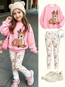 Setelan Musim Gugur 2 Potong untuk Anak Perempuan: Kaos Lengan Panjang Leher Bulat Motif Rusa Kartun & Legging Motif Bunga, Gaya Kasual Manis - MultiWarna - View 4