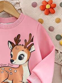 Setelan Musim Gugur 2 Potong untuk Anak Perempuan: Kaos Lengan Panjang Leher Bulat Motif Rusa Kartun & Legging Motif Bunga, Gaya Kasual Manis - MultiWarna - View 8