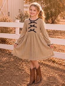 SHEIN Elladie kids Young Girls Casual Long Sleeve Lace Up Bow Decor A-Line Ribbed Knit Contrast Trim Dress For Autumn Winter School Recital - Khaki - View 4