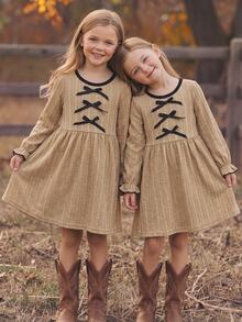 SHEIN Elladie kids Young Girls Casual Long Sleeve Lace Up Bow Decor A-Line Ribbed Knit Contrast Trim Dress For Autumn Winter School Recital - Khaki - View 6
