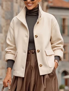 SHEIN LUNE Women's Autumn/Winter Solid Color Long Sleeve Single-Breasted Casual Overcoat - Apricot - View 9