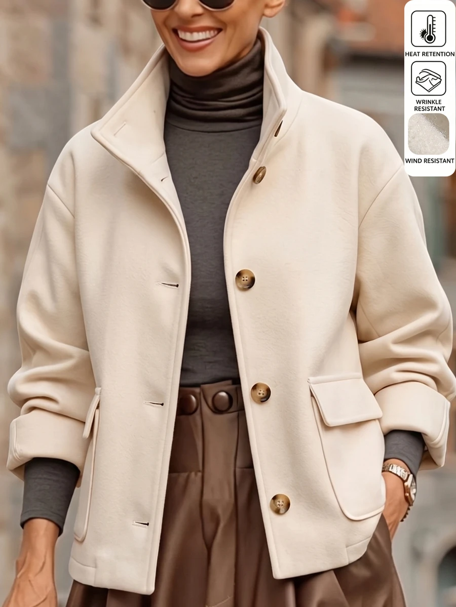 SHEIN LUNE Women's Autumn/Winter Solid Color Long Sleeve Single-Breasted Casual Overcoat - Apricot - View 1