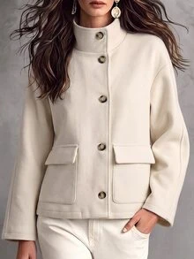 SHEIN LUNE Women's Autumn/Winter Solid Color Long Sleeve Single-Breasted Casual Overcoat - Apricot - View 8