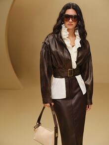 Anewsta Women Belted Cropped Faux Leather Jacket With Puff Sleeves - Brown - View 6