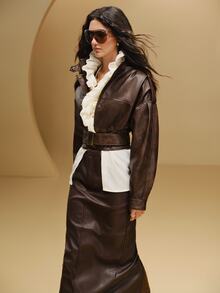 Anewsta Women Belted Cropped Faux Leather Jacket With Puff Sleeves - Brown - View 4
