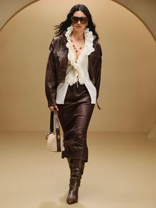 Anewsta Women Belted Cropped Faux Leather Jacket With Puff Sleeves - Brown - View 3
