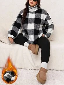 Easowa Curve 大尺碼女款格紋長袖上衣與內搭褲休閒日常兩件套冬季 - 黑與白 - 查看 2