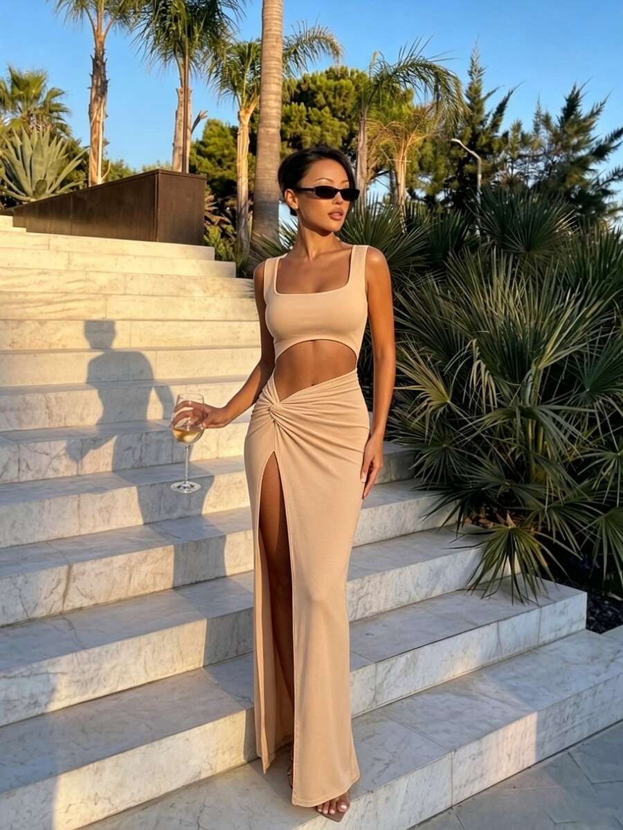 Chiquease Gaun Maxi Nude Leher Persegi dengan Potongan Putar dan Belahan Tinggi, Gaun Panjang Bodycon Ramping Wanita untuk Makan Malam Ulang Tahun, Kencan Malam, Tamu Pernikahan, Pesta Klub, Pemotretan - Khaki - View 1