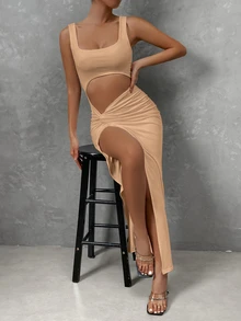 Chiquease Gaun Maxi Nude Leher Persegi dengan Potongan Putar dan Belahan Tinggi, Gaun Panjang Bodycon Ramping Wanita untuk Makan Malam Ulang Tahun, Kencan Malam, Tamu Pernikahan, Pesta Klub, Pemotretan - Khaki - View 6