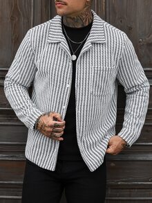 Manfinity Homme 男士休閒街頭風大衣，條紋布料，適合送給男友與丈夫的理想禮物，辦公工作穿搭，黑白條紋，秋季款 - 白色 - 查看 4