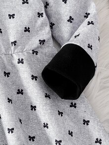Elladie kids Girls Peter Pan Collar Bow Print Long Sleeve A‑Line Dress, Pre‑Ppy Contrast Black Peter‑Pan Collar And Cuff Details Cute Daily Casual Dress For Young Girl - Black and White - View 9