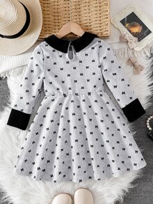 Elladie kids Girls Peter Pan Collar Bow Print Long Sleeve A‑Line Dress, Pre‑Ppy Contrast Black Peter‑Pan Collar And Cuff Details Cute Daily Casual Dress For Young Girl - Black and White - View 3