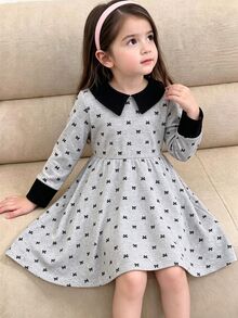 Elladie kids Girls Peter Pan Collar Bow Print Long Sleeve A‑Line Dress, Pre‑Ppy Contrast Black Peter‑Pan Collar And Cuff Details Cute Daily Casual Dress For Young Girl - Black and White - View 4