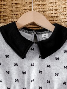Elladie kids Girls Peter Pan Collar Bow Print Long Sleeve A‑Line Dress, Pre‑Ppy Contrast Black Peter‑Pan Collar And Cuff Details Cute Daily Casual Dress For Young Girl - Black and White - View 10