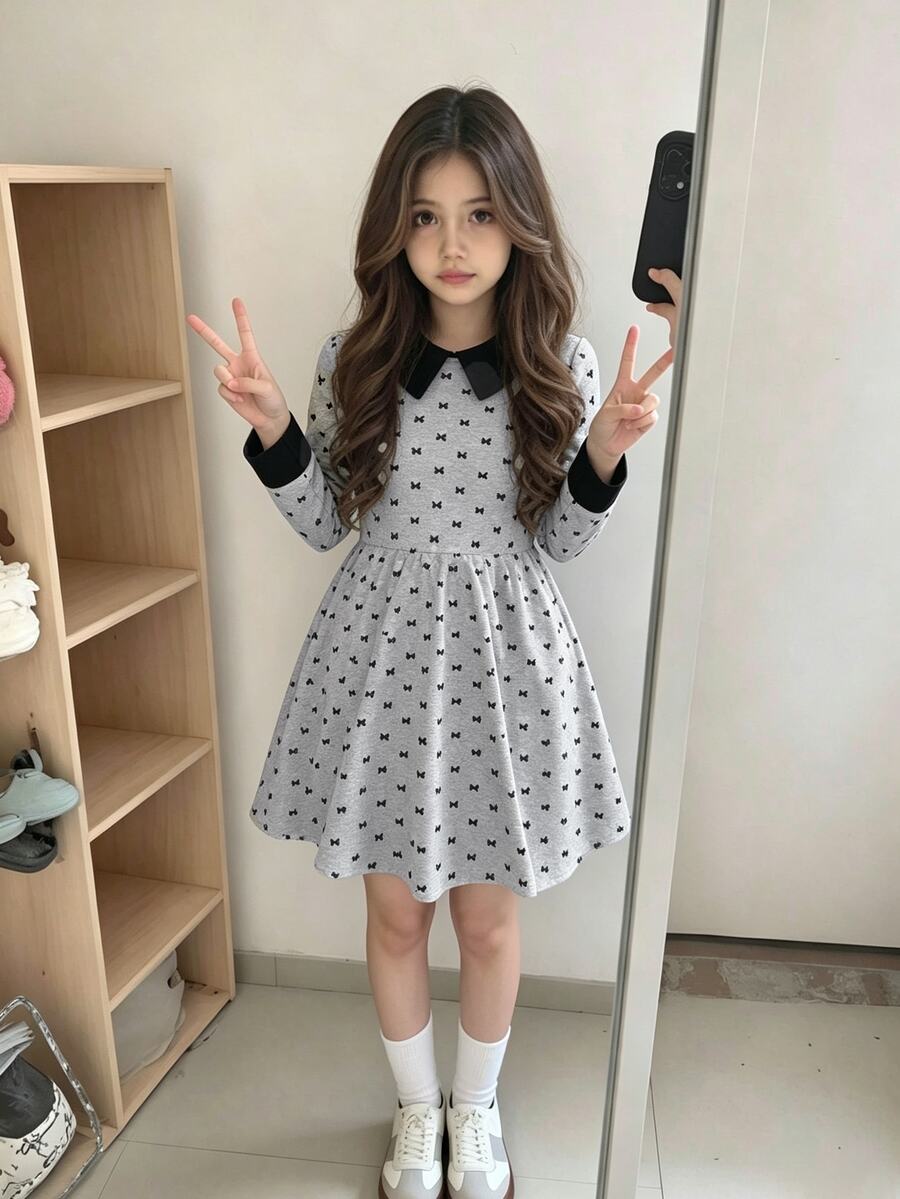 Elladie kids Girls Peter Pan Collar Bow Print Long Sleeve A‑Line Dress, Pre‑Ppy Contrast Black Peter‑Pan Collar And Cuff Details Cute Daily Casual Dress For Young Girl