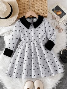 Elladie kids Girls Peter Pan Collar Bow Print Long Sleeve A‑Line Dress, Pre‑Ppy Contrast Black Peter‑Pan Collar And Cuff Details Cute Daily Casual Dress For Young Girl - Black and White - View 5