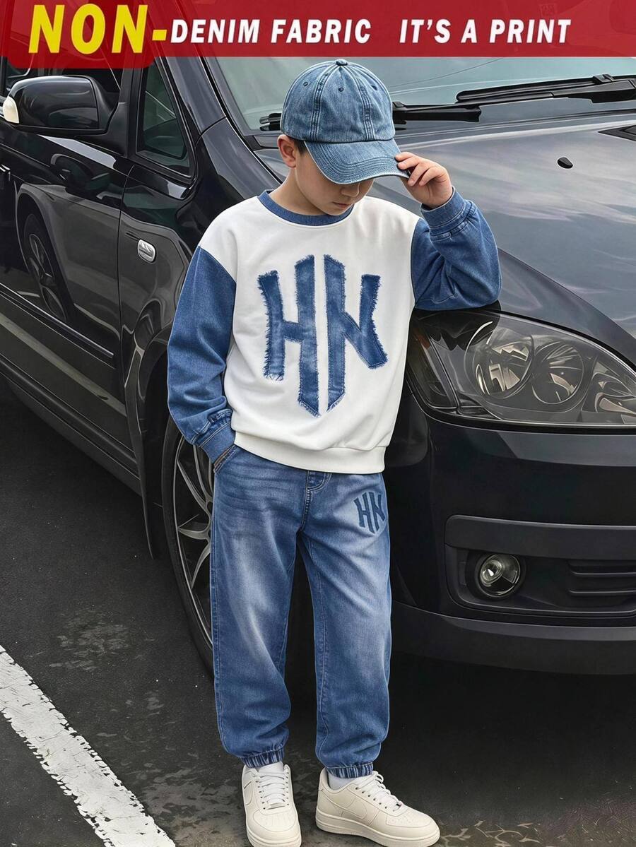 SHEIN 2件組青少年男孩牛仔效果運動衫套裝，胸前藍色圖案印花，酷炫街頭風，適合秋冬、學校、外出穿搭