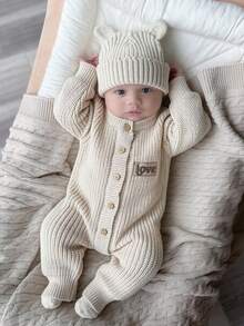 SHEIN 2pcs Newborn Baby Girl Knit Romper Hat Set Cute Sweet Cream Beige Ribbed Button Bear Ear Long Sleeve Round Neck Newborn Photo Winter Pullover Coat - Beige - View 9