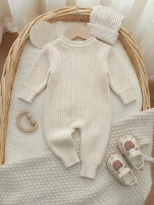 SHEIN 2pcs Newborn Baby Girl Knit Romper Hat Set Cute Sweet Cream Beige Ribbed Button Bear Ear Long Sleeve Round Neck Newborn Photo Winter Pullover Coat - Beige - View 7
