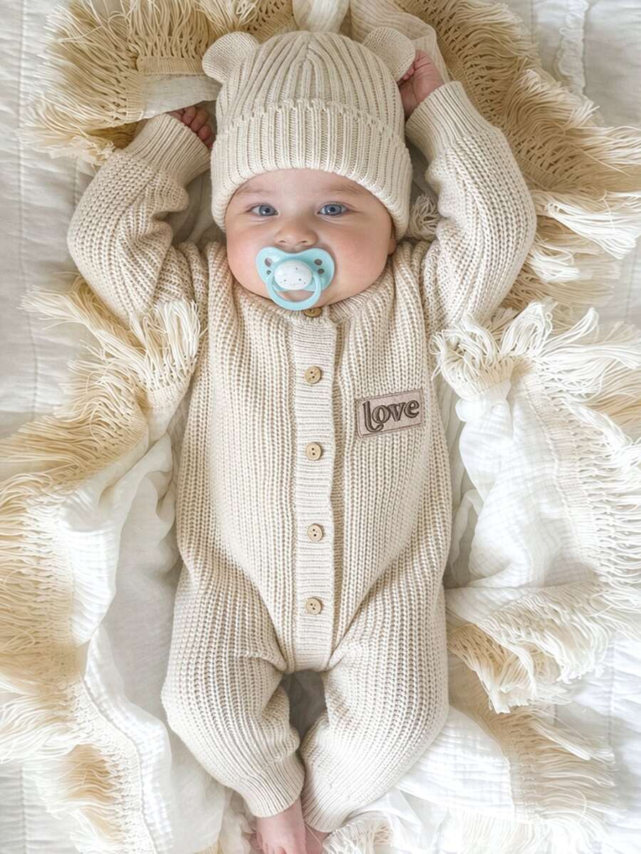 SHEIN 2pcs Newborn Baby Girl Knit Romper Hat Set Cute Sweet Cream Beige Ribbed Button Bear Ear Long Sleeve Round Neck Newborn Photo Winter Pullover Coat