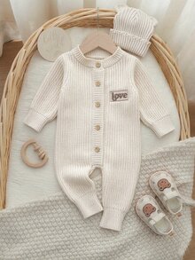 SHEIN 2pcs Newborn Baby Girl Knit Romper Hat Set Cute Sweet Cream Beige Ribbed Button Bear Ear Long Sleeve Round Neck Newborn Photo Winter Pullover Coat - Beige - View 3