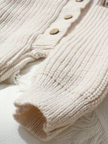 SHEIN 2pcs Newborn Baby Girl Knit Romper Hat Set Cute Sweet Cream Beige Ribbed Button Bear Ear Long Sleeve Round Neck Newborn Photo Winter Pullover Coat - Beige - View 5