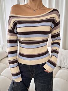 SHEIN SXY Plus Size Colorful Striped Asymmetrical Shoulder Long Sleeve Fitted Sweater - Multicolor - View 5