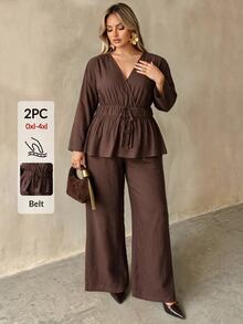 Auralis Women's Brown Two Pieces Set Featuring A Long-Sleeved, V-Neck Top With An Elasticized Waist And Flared Hem, Paired With Loose, Straight-Leg Trousers - Apricot - View 9