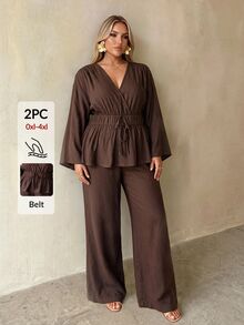 Auralis Women's Brown Two Pieces Set Featuring A Long-Sleeved, V-Neck Top With An Elasticized Waist And Flared Hem, Paired With Loose, Straight-Leg Trousers - Apricot - View 5