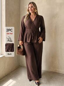 Auralis Women's Brown Two Pieces Set Featuring A Long-Sleeved, V-Neck Top With An Elasticized Waist And Flared Hem, Paired With Loose, Straight-Leg Trousers - Apricot - View 6