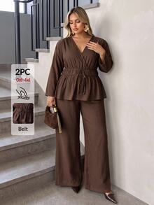 Auralis Women's Brown Two Pieces Set Featuring A Long-Sleeved, V-Neck Top With An Elasticized Waist And Flared Hem, Paired With Loose, Straight-Leg Trousers - Apricot - View 2