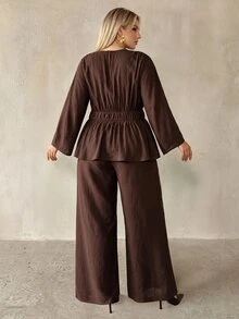 Auralis Women's Brown Two Pieces Set Featuring A Long-Sleeved, V-Neck Top With An Elasticized Waist And Flared Hem, Paired With Loose, Straight-Leg Trousers - Apricot - View 4