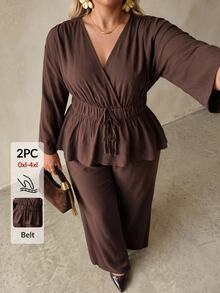 Auralis Women's Brown Two Pieces Set Featuring A Long-Sleeved, V-Neck Top With An Elasticized Waist And Flared Hem, Paired With Loose, Straight-Leg Trousers - Apricot - View 7