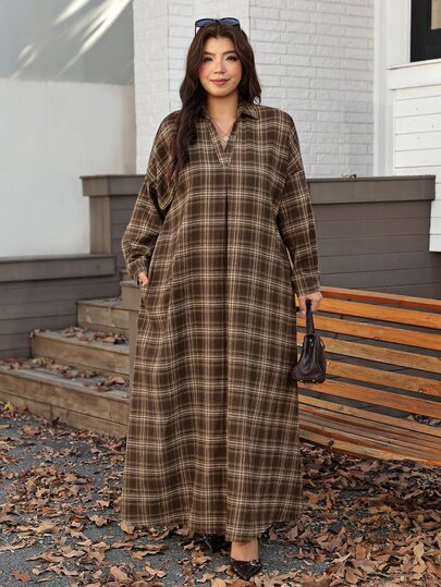Comfylo Robe grande taille pour femmes à carreaux, style décontracté, capsule wardrobe, traditionnelle, pour le quotidien, l'automne, Thanksgiving, formelle, sorties, anniversaire, vacances, marron