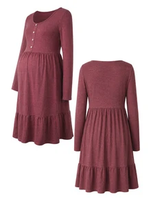 SHEIN Maternity-D Women's Burgundy Ruffle Hem Round Neck Button Decor Maternity Dress, Autumn/Winter Fall Photoshoot Formal Casual Elegant - Burgundy - View 5