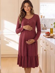 SHEIN Maternity-D Women's Burgundy Ruffle Hem Round Neck Button Decor Maternity Dress, Autumn/Winter Fall Photoshoot Formal Casual Elegant - Burgundy - View 2