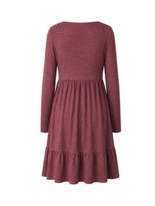 SHEIN Maternity-D Women's Burgundy Ruffle Hem Round Neck Button Decor Maternity Dress, Autumn/Winter Fall Photoshoot Formal Casual Elegant - Burgundy - View 4