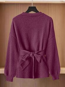 LUMIGAL Women's Autumn/Winter Casual Solid Color Wrap Waist Cardigan - Red Violet - View 2