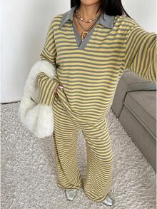 SHEIN EZwear 女款秋季休閒條紋上衣與長褲兩件套 - 黃色 - 查看 7