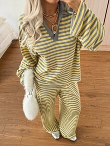 SHEIN EZwear 女款秋季休閒條紋上衣與長褲兩件套 - 黃色 - 查看 8