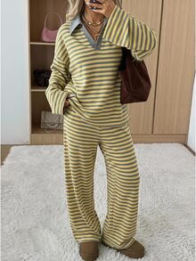 SHEIN EZwear 女款秋季休閒條紋上衣與長褲兩件套 - 黃色 - 查看 9