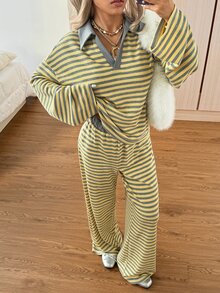 SHEIN EZwear 女款秋季休閒條紋上衣與長褲兩件套 - 黃色 - 查看 5