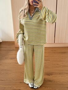 SHEIN EZwear 女款秋季休閒條紋上衣與長褲兩件套 - 黃色 - 查看 4