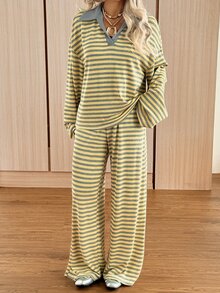 SHEIN EZwear 女款秋季休閒條紋上衣與長褲兩件套 - 黃色 - 查看 3