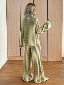SHEIN EZwear 女款秋季休閒條紋上衣與長褲兩件套 - 黃色 - 查看 2