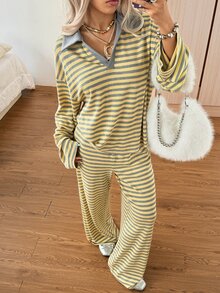 SHEIN EZwear 女款秋季休閒條紋上衣與長褲兩件套 - 黃色 - 查看 6