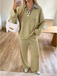 SHEIN EZwear 女款秋季休閒條紋上衣與長褲兩件套 - 黃色 - 查看 1
