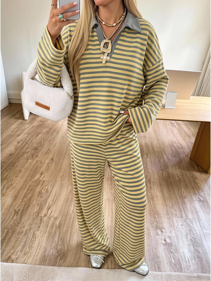 SHEIN EZwear 女款秋季休閒條紋上衣與長褲兩件套 - 黃色 - 查看 1